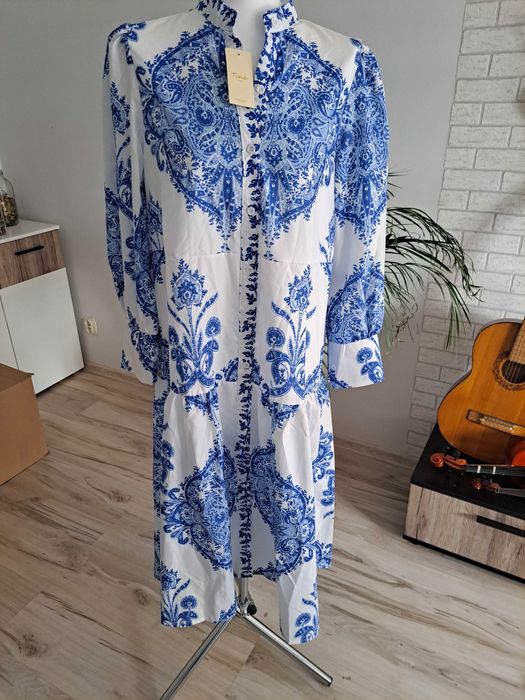 TINA Sukienka maxi boho w etno wzór biało-niebieska