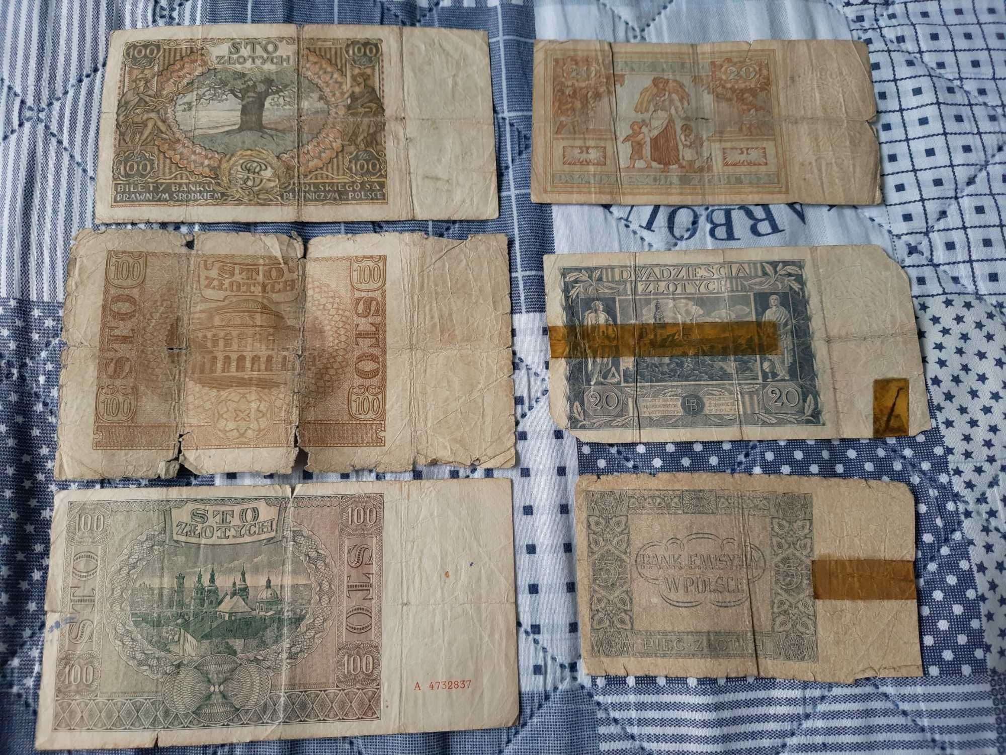 stare polskie banknoty okupacja niemiecka PRL 5,20,100 zł 1931,1936 r