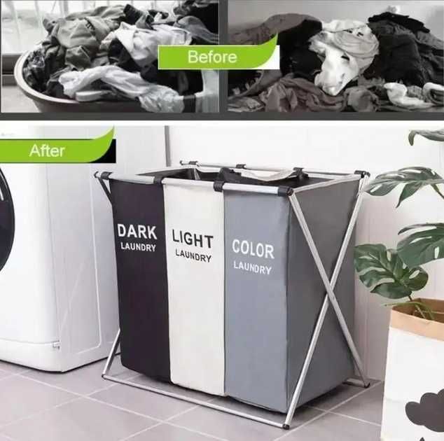 Корзина для белья Laundry на 3 секции складная/тканевая, есть опт