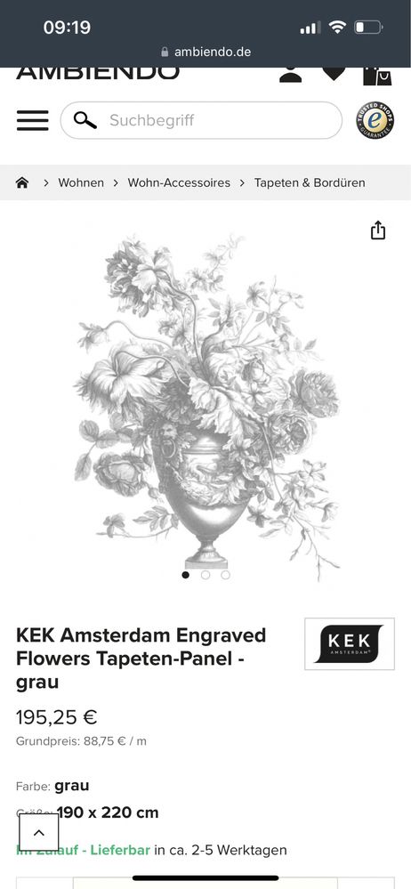 KEK Amsterdam Engraved Kwiaty tapeta panel szary 190x220 cm