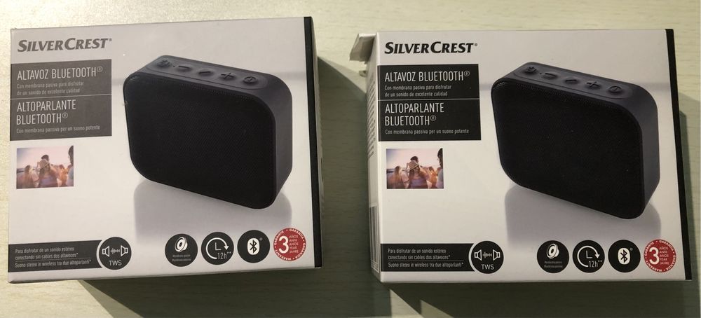 2 colunas bluetooth silvercrest (emparelham entre si, e/ou TV/PC/iphone/smartphone/ipad - selado)