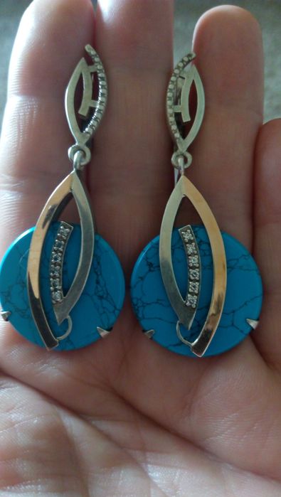 Сережки серебряные и золотыми пластинками, с бирюзой . Классные!