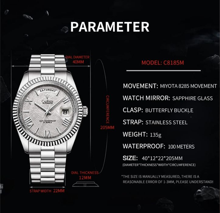 Годинник CADISEN Men's Automatic з резервом ходу Сапфірове Скло