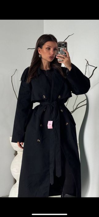 Чорний котоновий тренч з поясом на підкладі