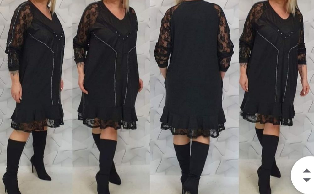 Sukienka  modna koronka wstawki skóropodobne