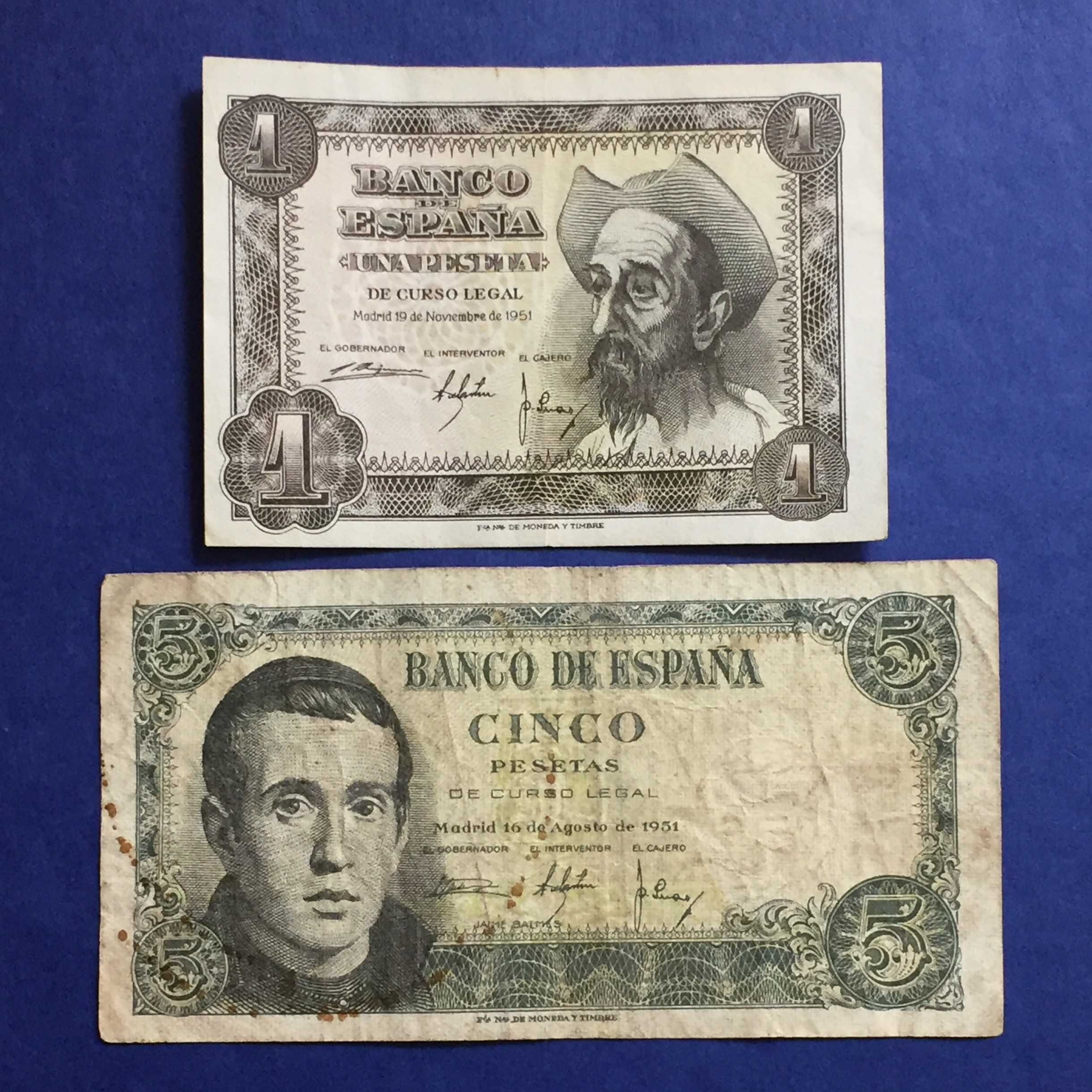 Espanha - 2 notas: 1 Peseta e 5 Pesetas 1951