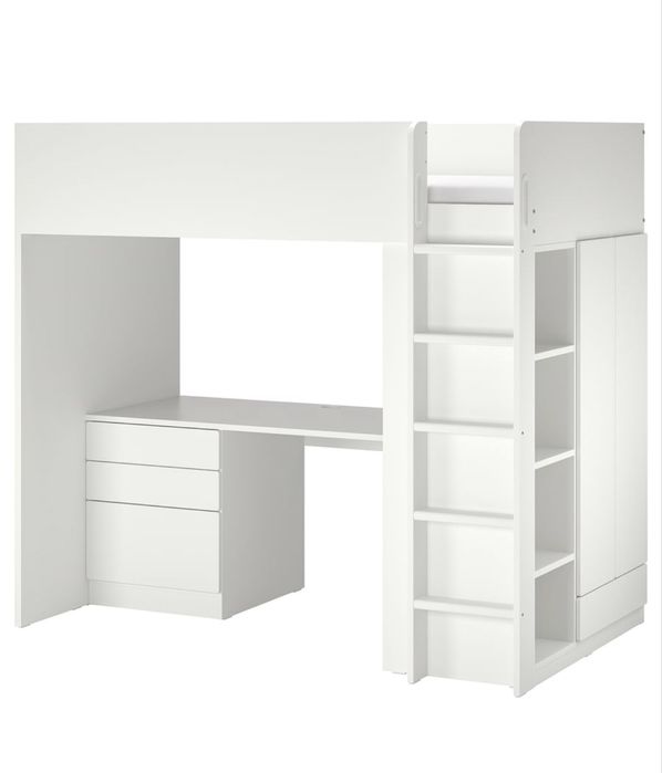 Ikea SMASTAD łóżko piętrowe na antresoli z szafą i biurkiem, biel/róż