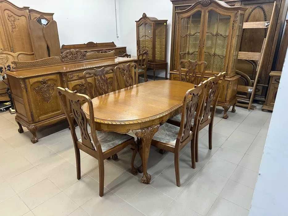 Komplet komoda, witryna, stół rozkładany + krzesła - styl Chippendale