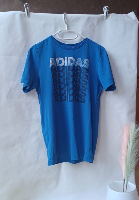 Adidas koszulka T-shirt bluzka niebieska napisy logo 158 164 S 16 lat
