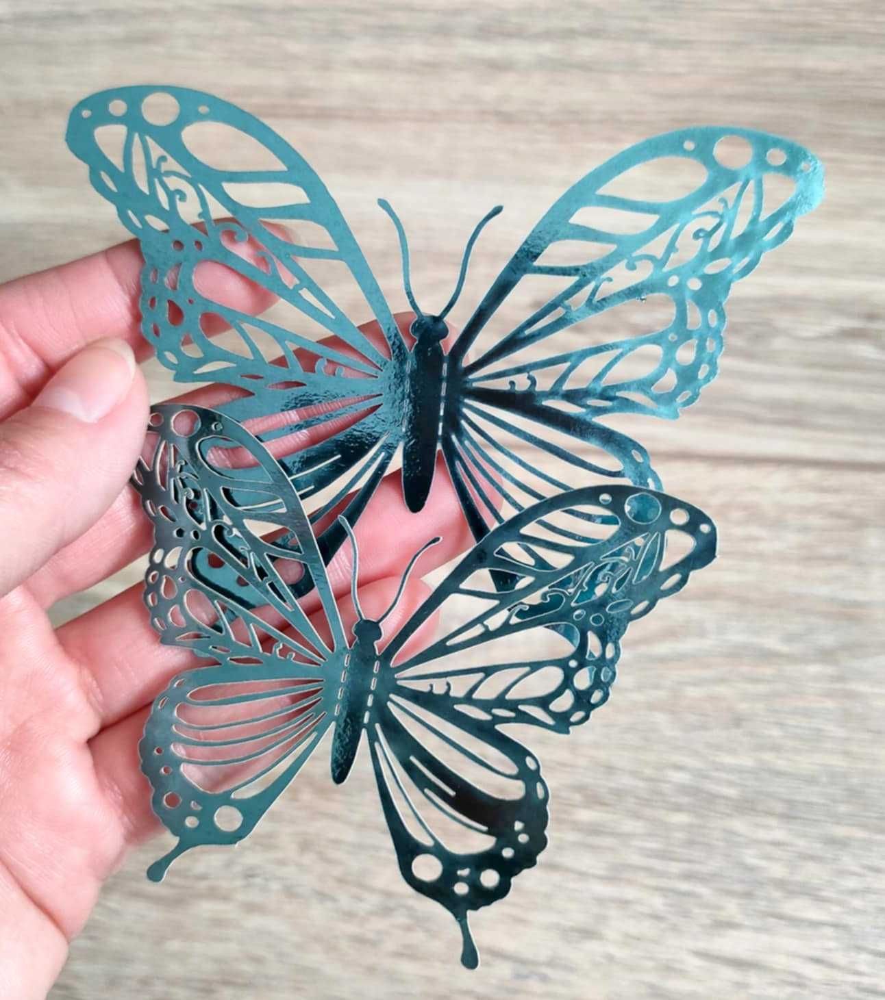 Motyle 3D Naklejki na Zielone Zieleń Mieniąca Ażurowe Ogonki 12 szt