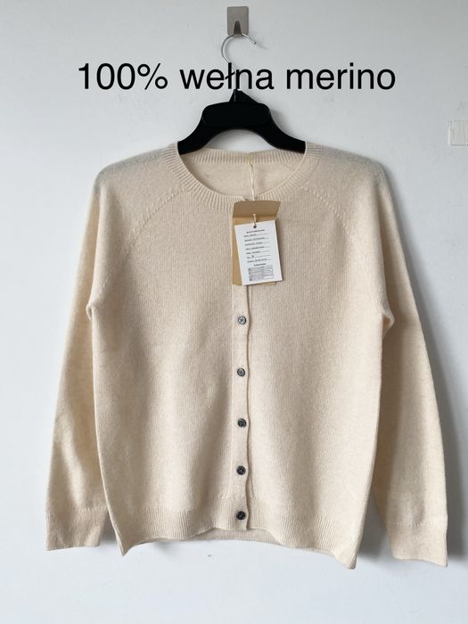 Nowy 100% wełna merino kardigan sweter kremowy basic merynos casual