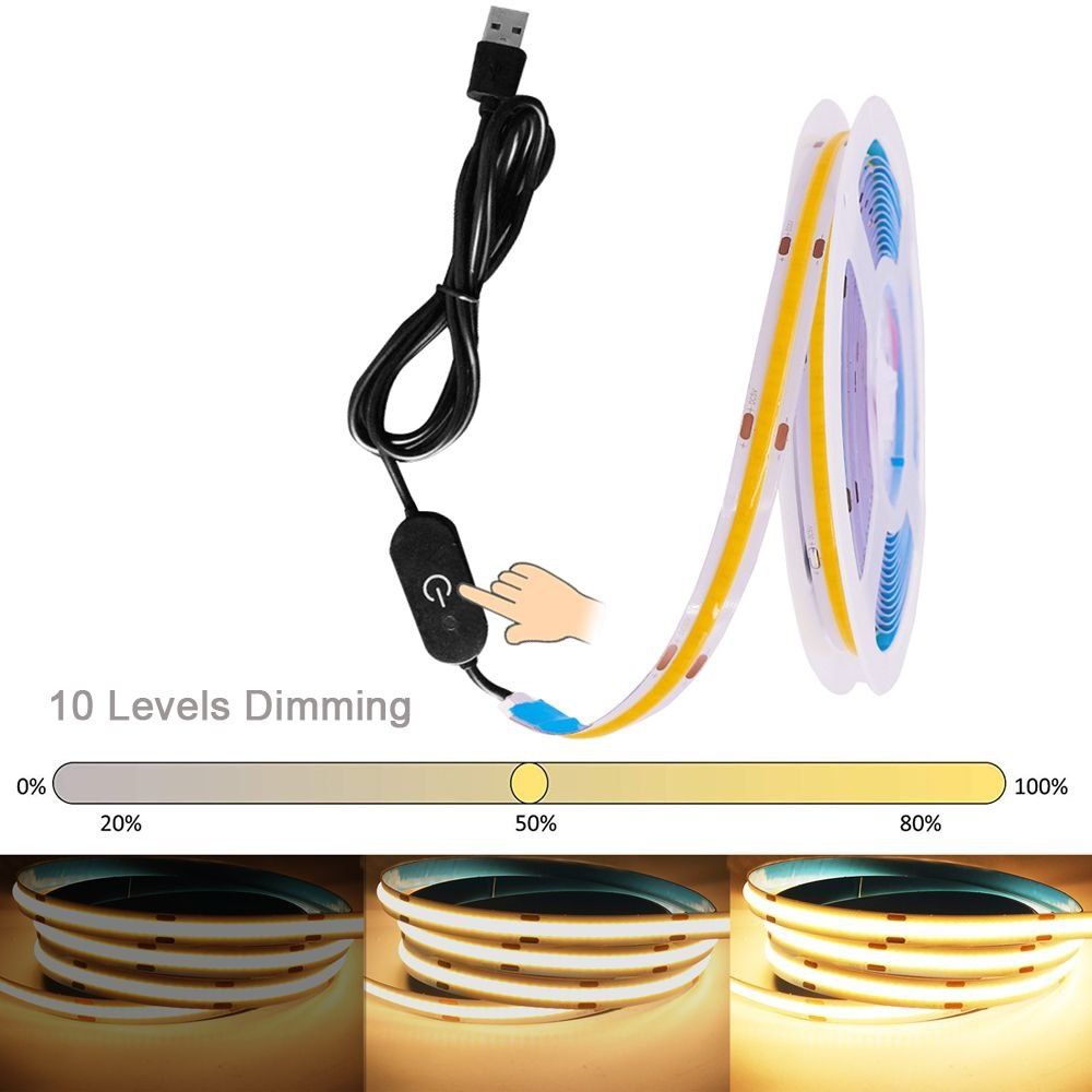 Светодиодная лента LED от USB COB 5V 1 метр с диммертм сплошного свече