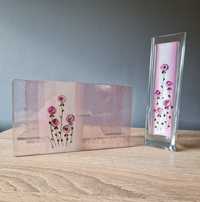 Komplet szklany ręcznie malowany świecznik+wazon