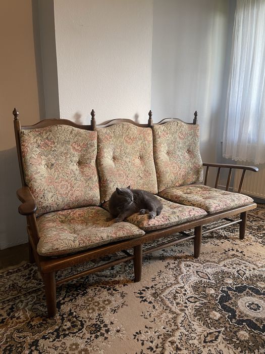 Sofa siedzisko 3 osobowe retro z drewna w kwiatowe wzory