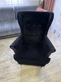 Fotel czarny zamsz + podnozek z pojemnikiem