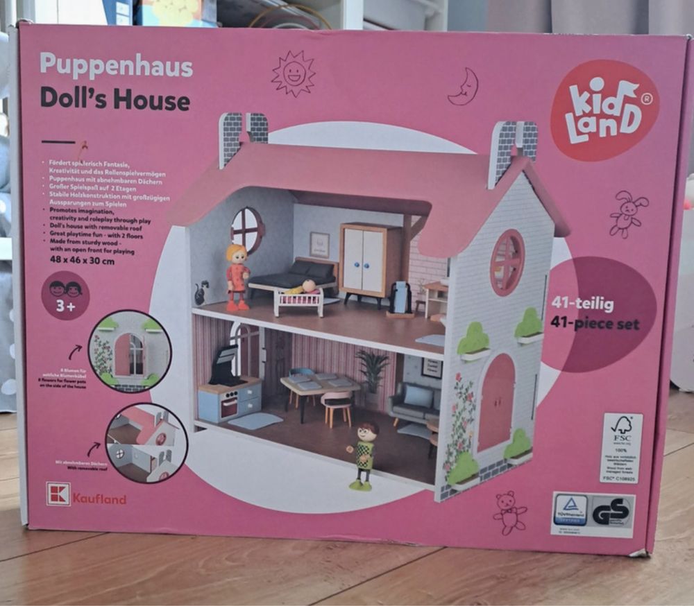Nowy domek drewniany montessori z wyposazeniem mebelkami lalkami dom