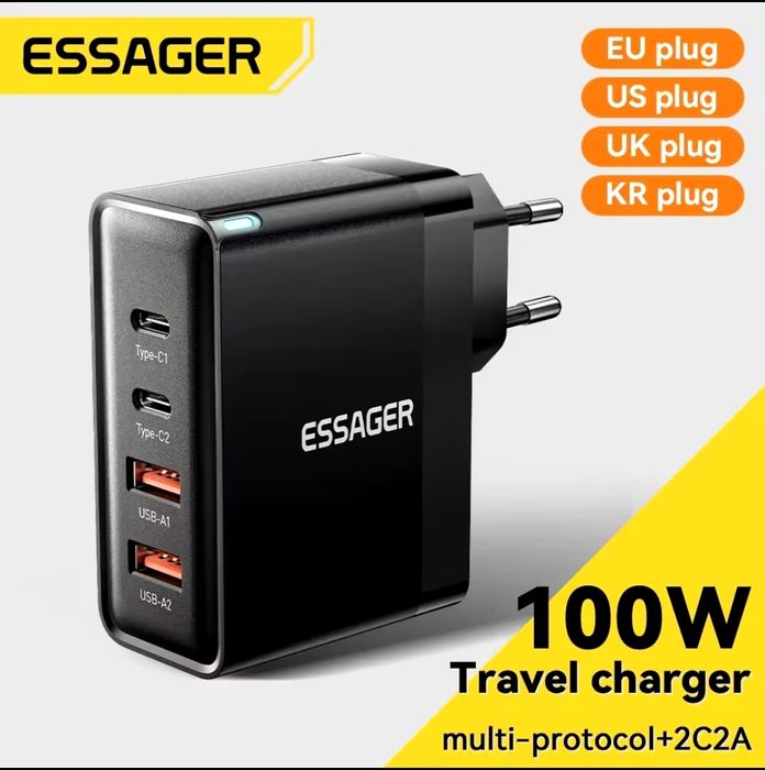 Універсальна зарядка GaN Essager 100W+кабель2м зарядний пристрій 100Вт