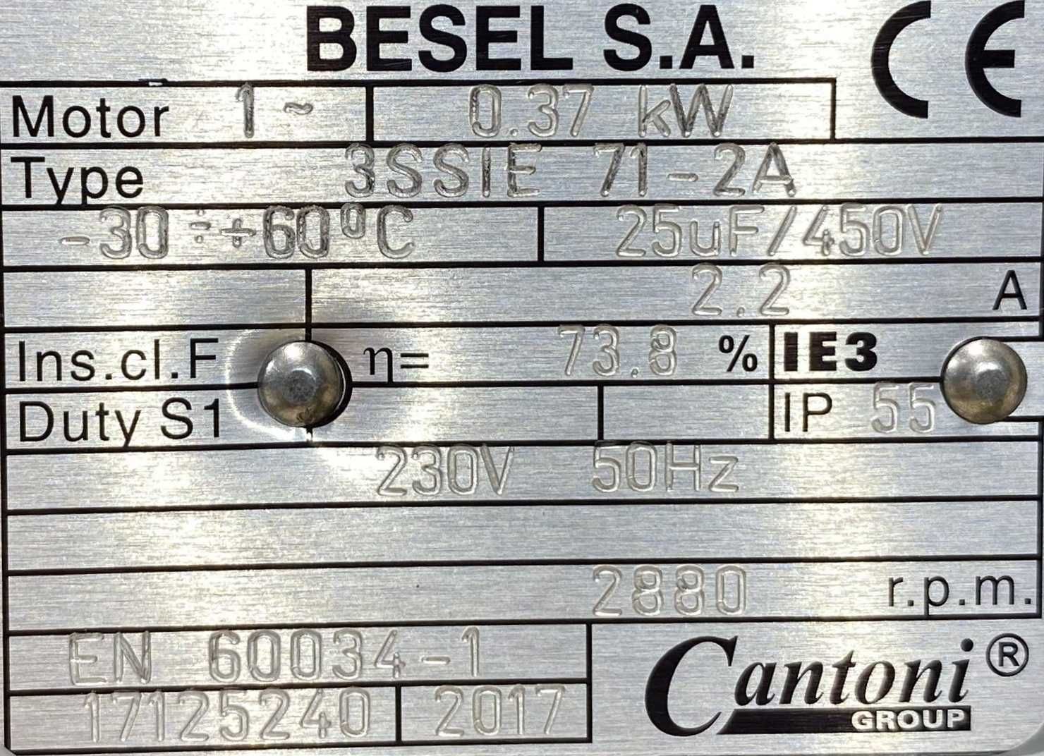 silnik elektryczny 0,37kW 2880obr. 1fazowy 230V BESEL IE3