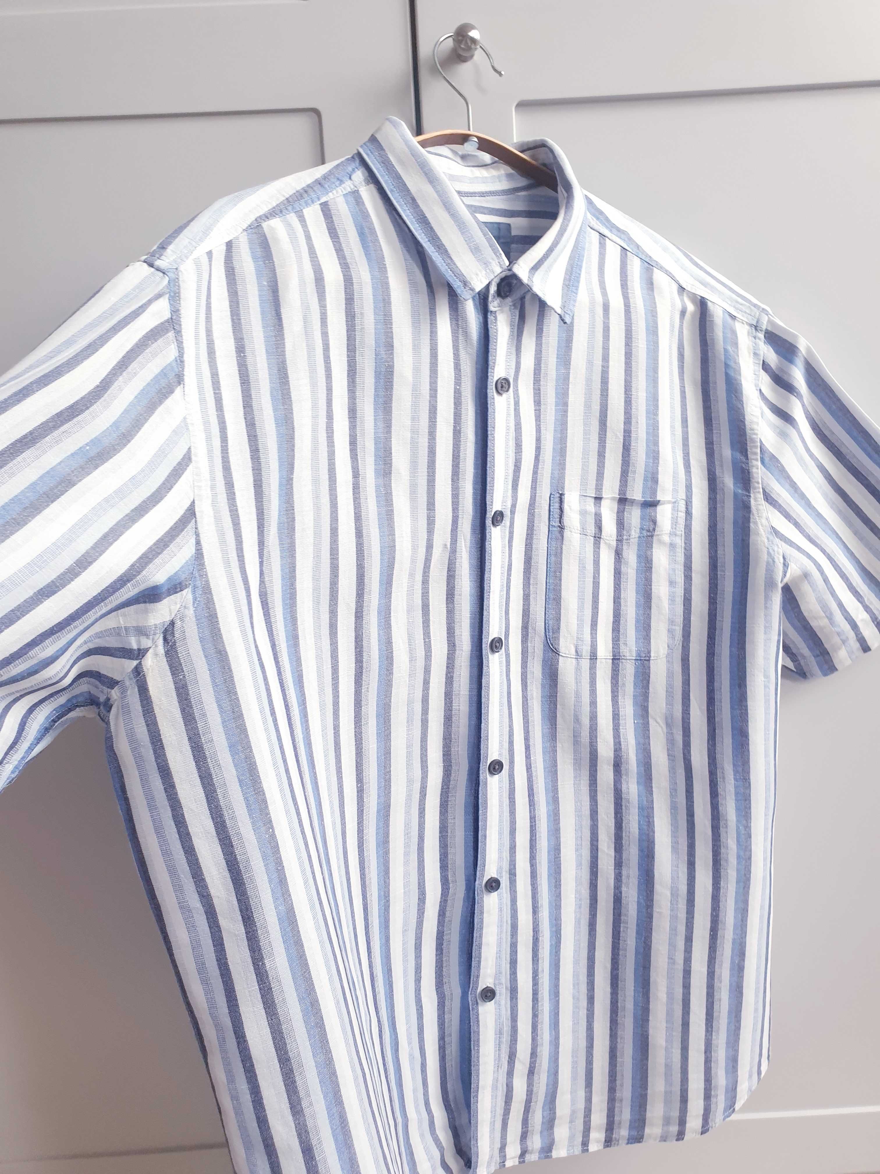 Biała koszula lniana w niebieskie pasy  XL M&S męska
