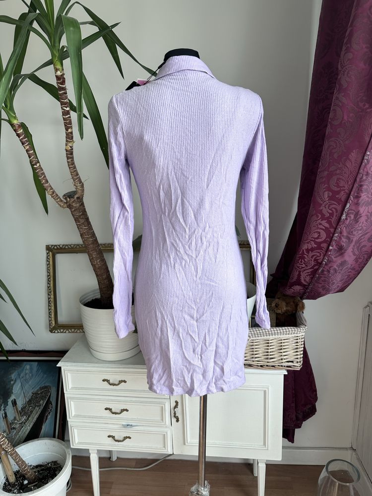 Fioletowa koszulowa sukienka mini prążkowana drapowana 38 M L 40