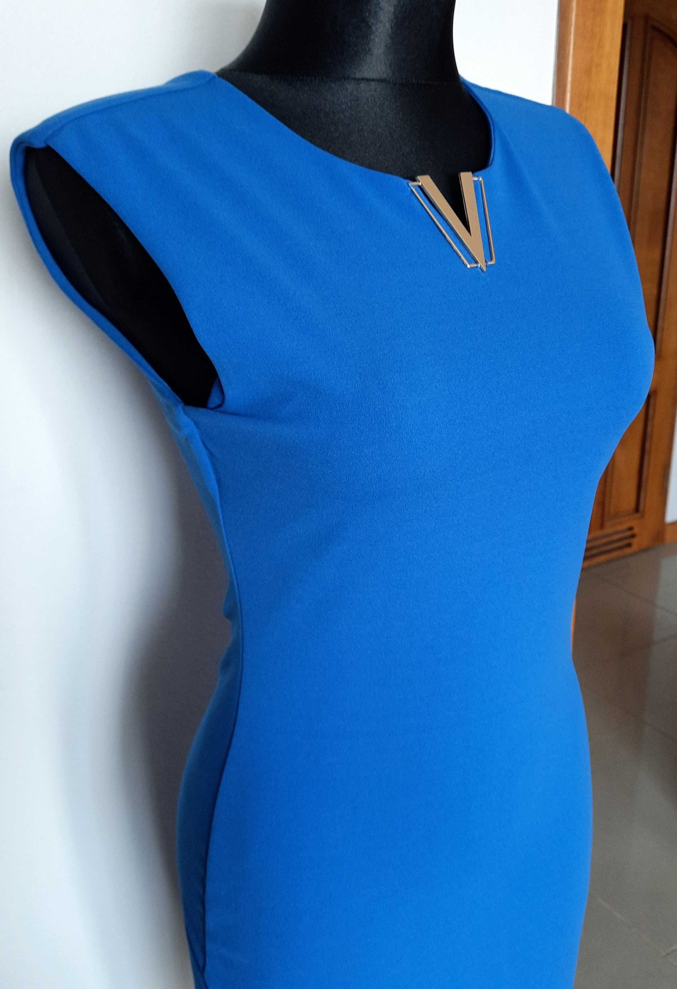 Pronto Moda Vubu sukienka mini gładka elegancka kobalt taliowana M 38