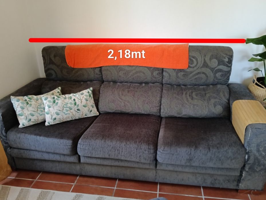 Sofá 3 Lugares, Puff, Tecido Cinza