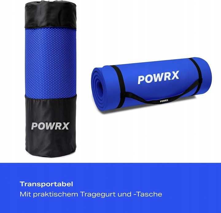 POWRX – Mata do ćwiczeń 183x60x1 cm, ciemnoniebieska + torba i pasek