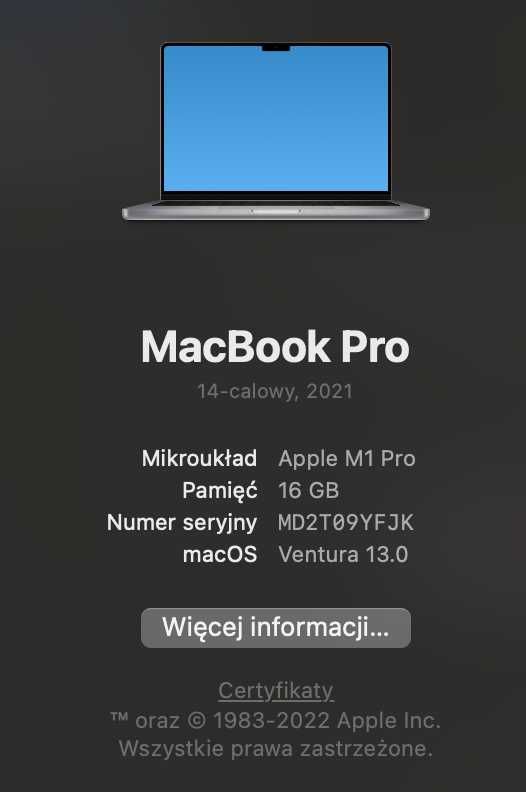 Apple Macbook Pro M1 Pro 14 Space Grey / 16 gb ram / 512 ssd
