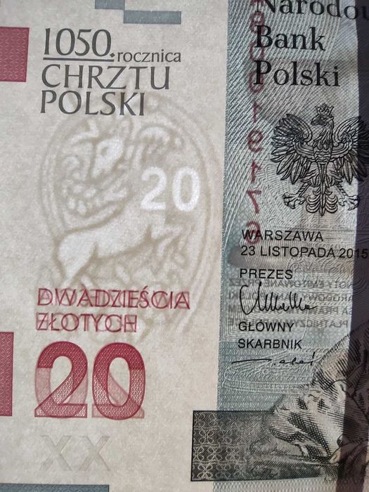Banknot 20 zł 1050 rocznica Chrztu Polski + Gratis