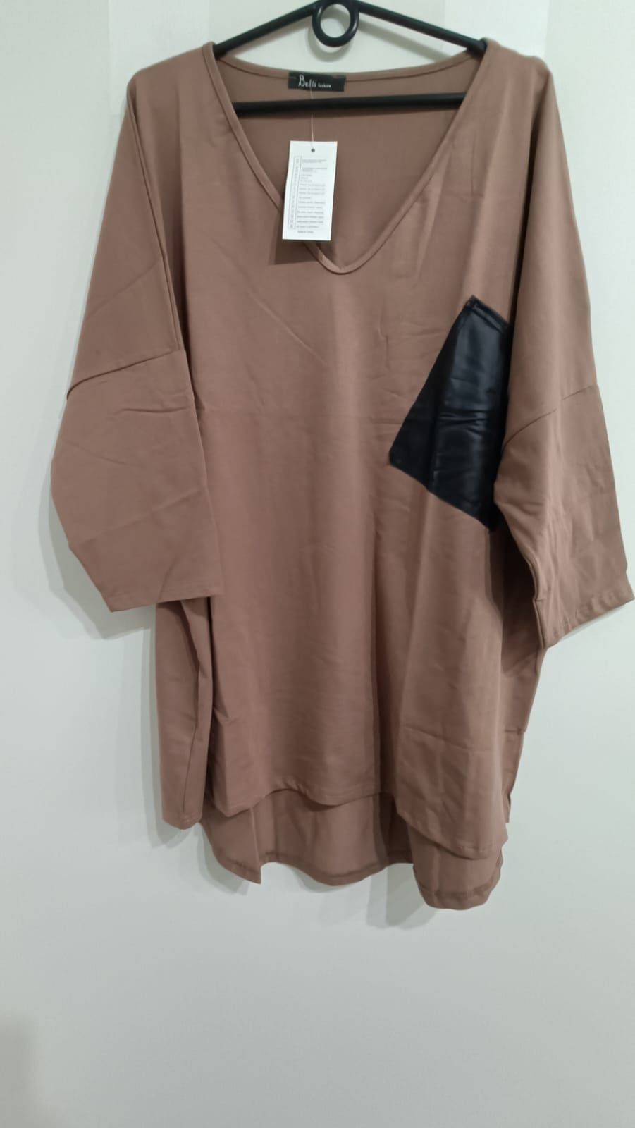 Bluzka plus size Tunika asymetryczna dekolt bawełna, ozdobna kieszonka