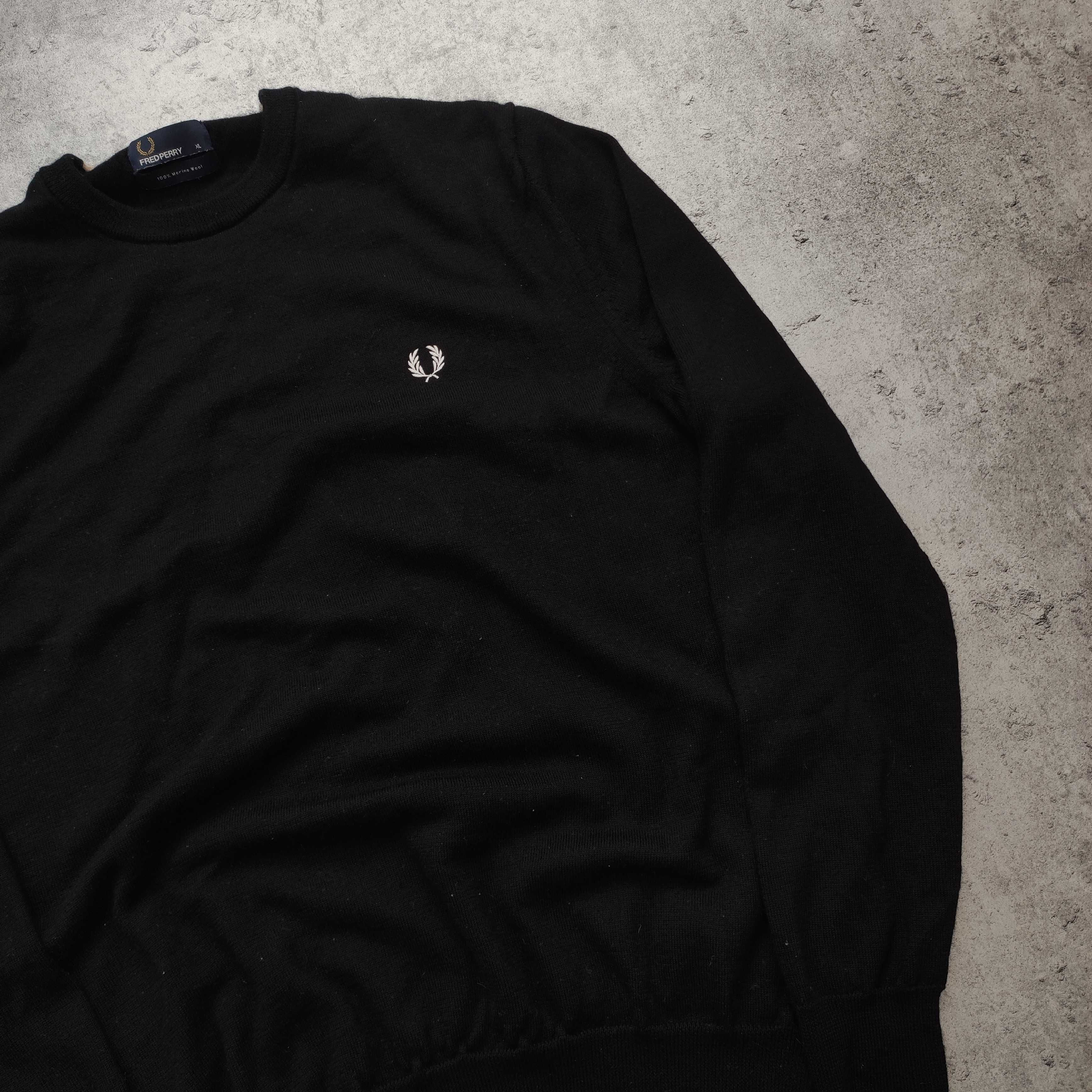 MĘSKI Elegancki Sweter Wełna MERINO Premium Czarny Pleciony Fred Perry