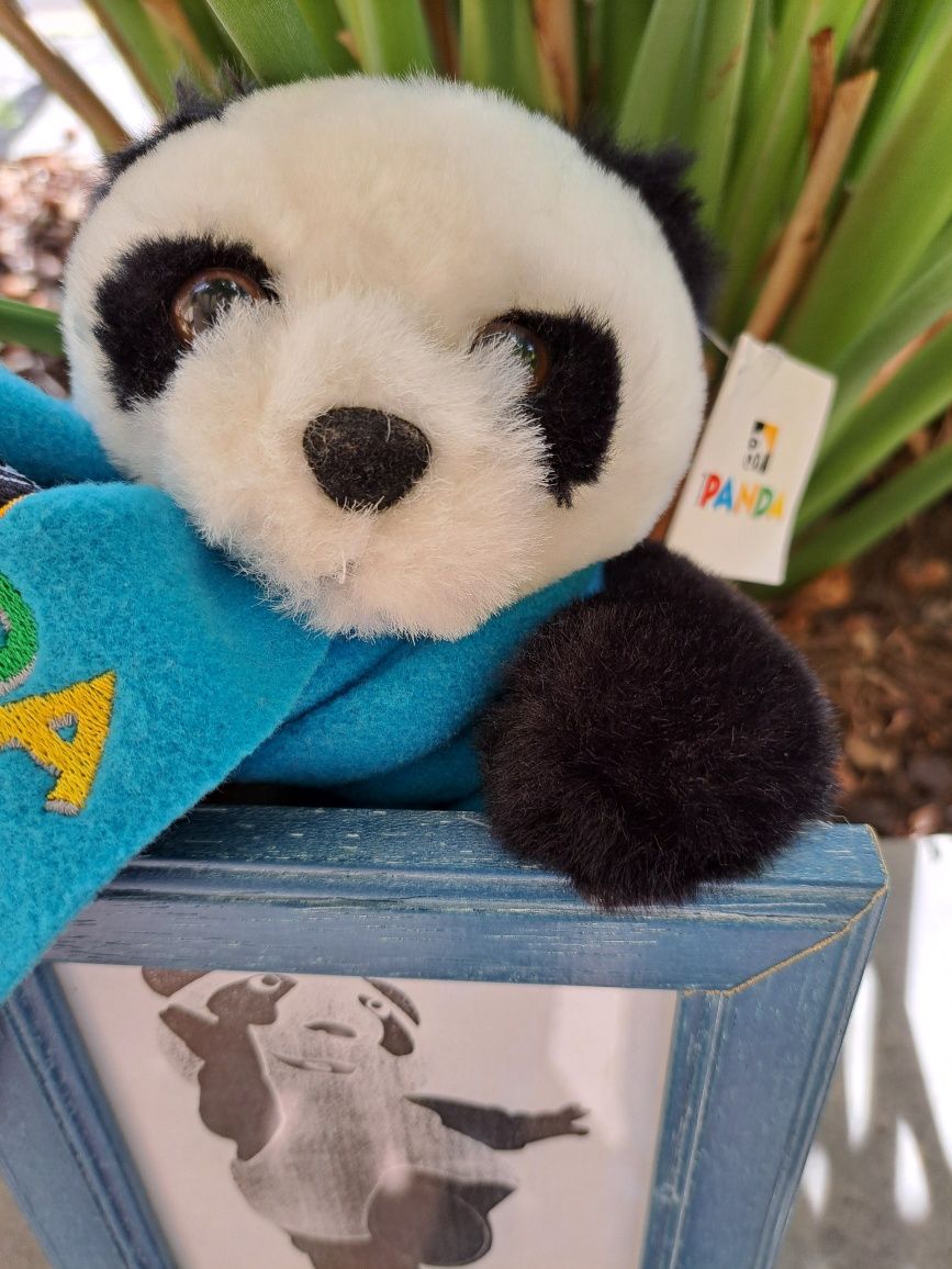 Moldura azul de madeira com Panda de peluche