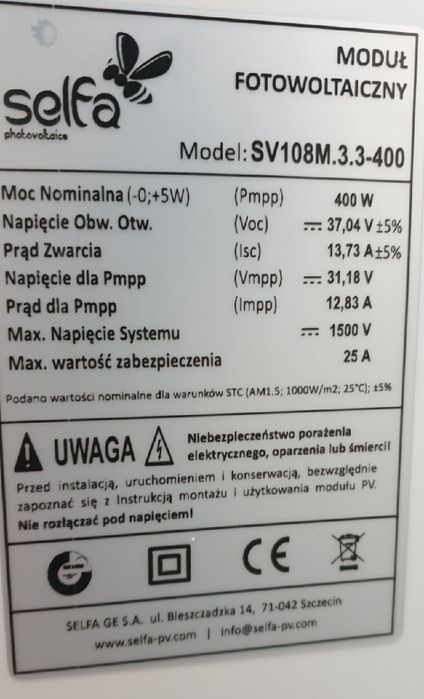 Panele fotowoltaiczne 400W Selfa SV108M.3-400 Wp