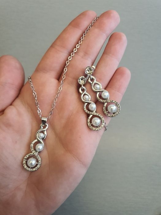 Srebrny Perłowy Zestaw Komplet Biżuterii Perły Perełki