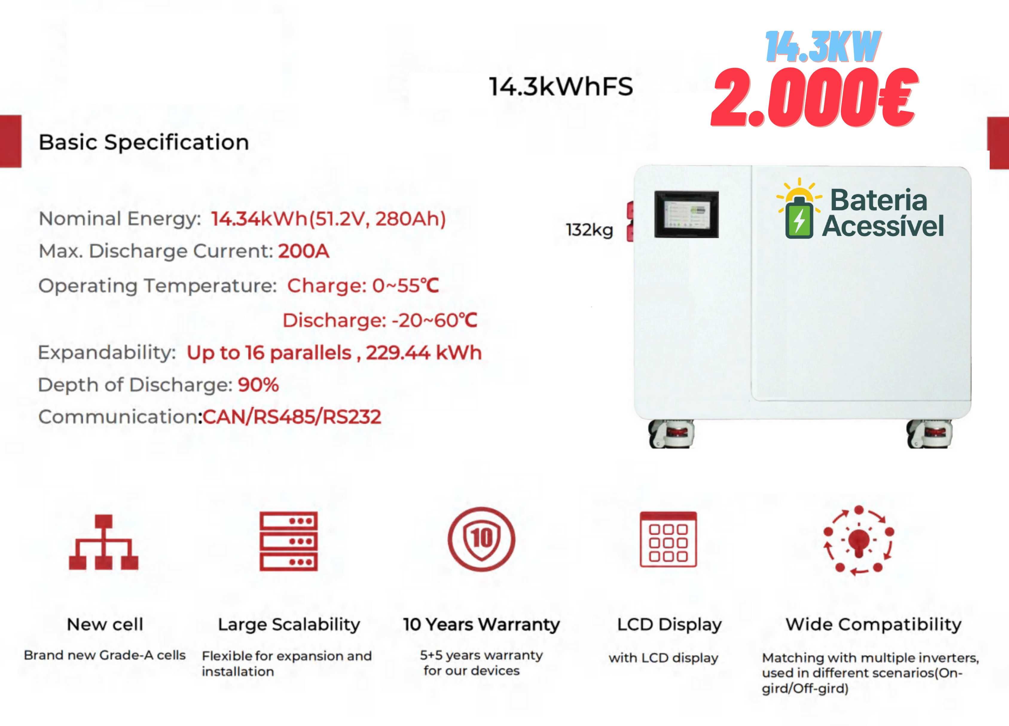 Bateria Solar 14.3 kw 10 anos Garantia + de 8000 ciclos