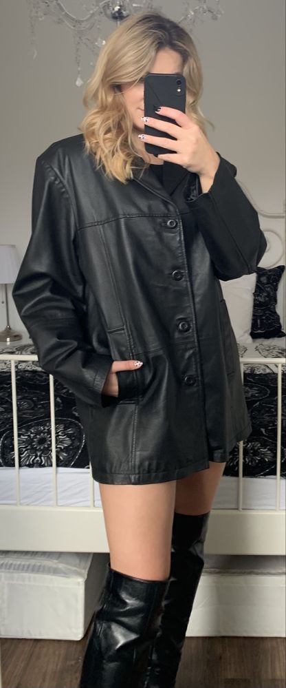 Skórzany czarny płaszcz vintage oversize kurtka ze skóry naturalnej