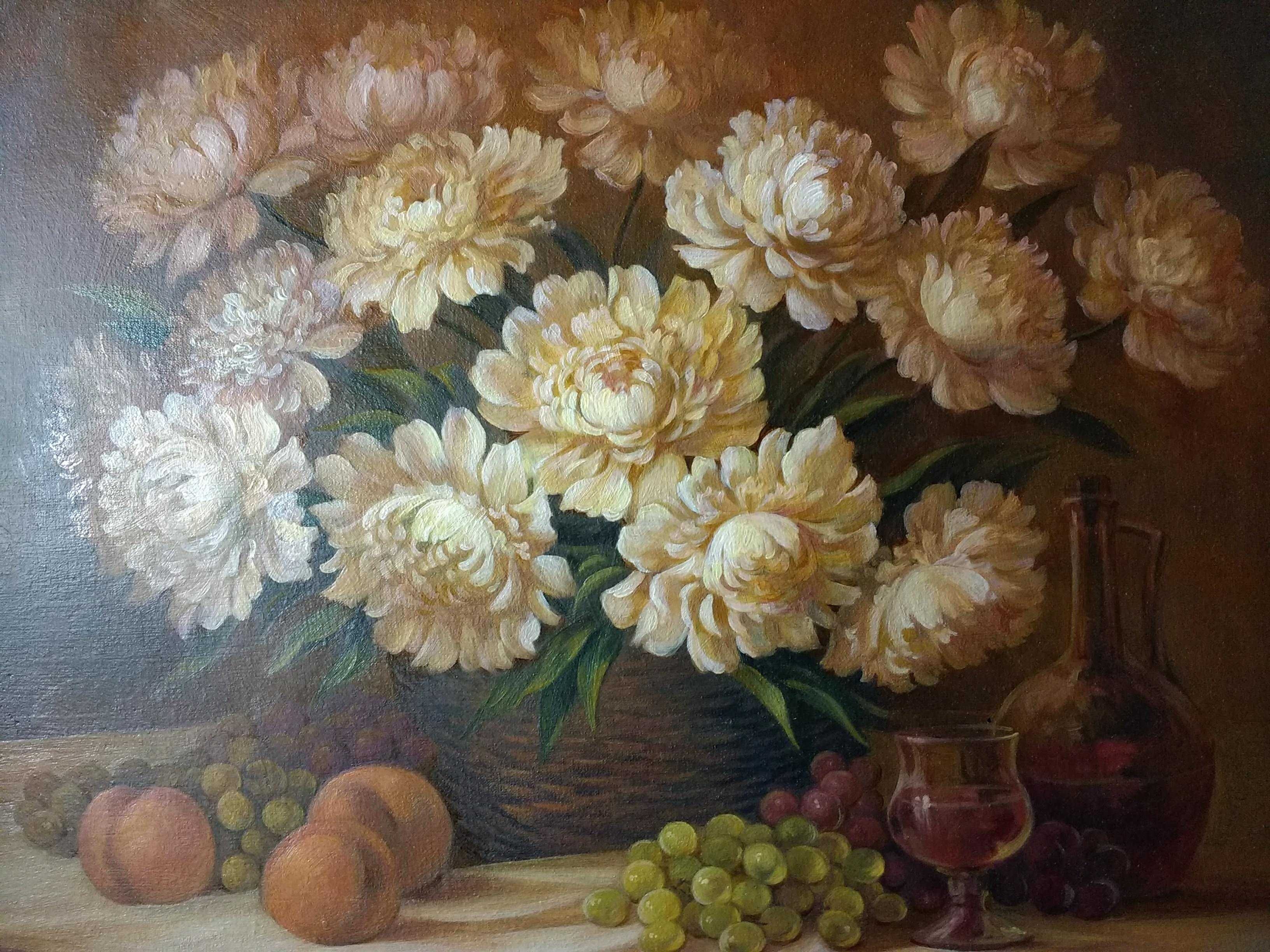 Картина маслом "Белые пионы и фрукты"