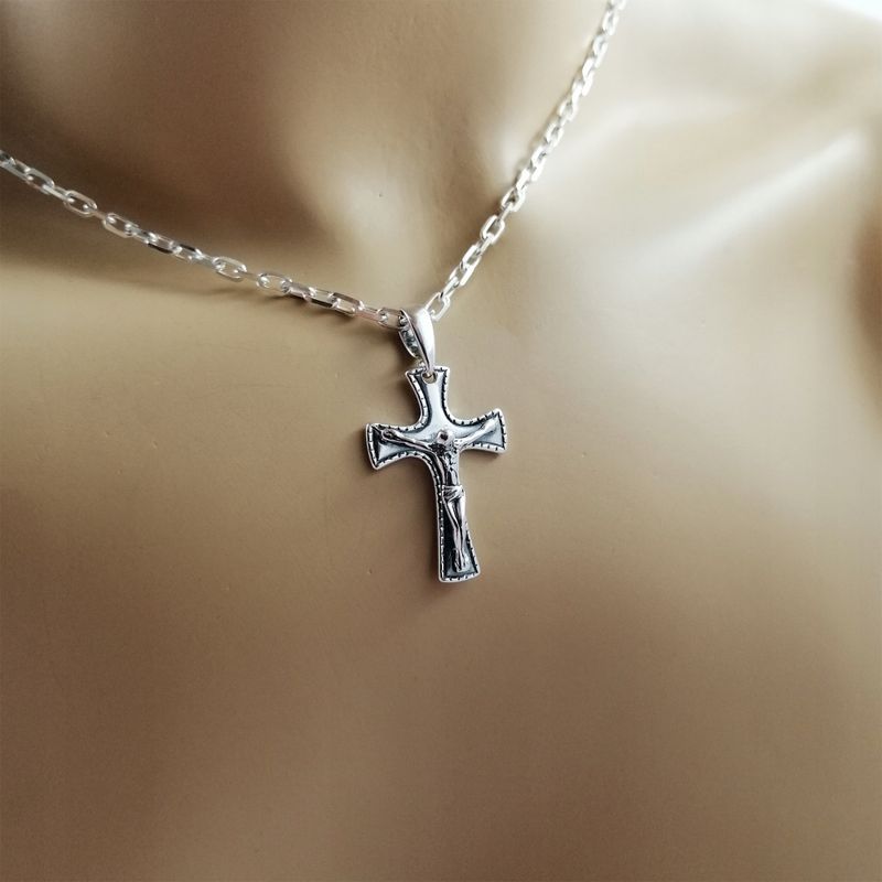 Srebrny Łańcuszek Ankier + Krzyżyk Jezus 925 Prezent Dla Chłopczyka Ch