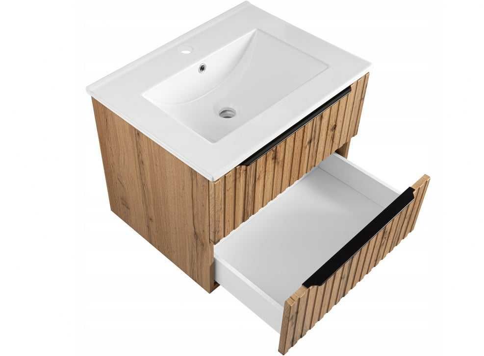Szafka z Umywalką 60cm+Słupek Dąb Wotan/Czarne/Białe–Ryflowany front