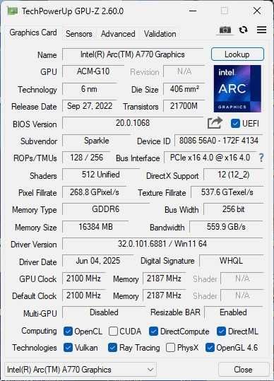 sparkle luna intel arc a770 16gb