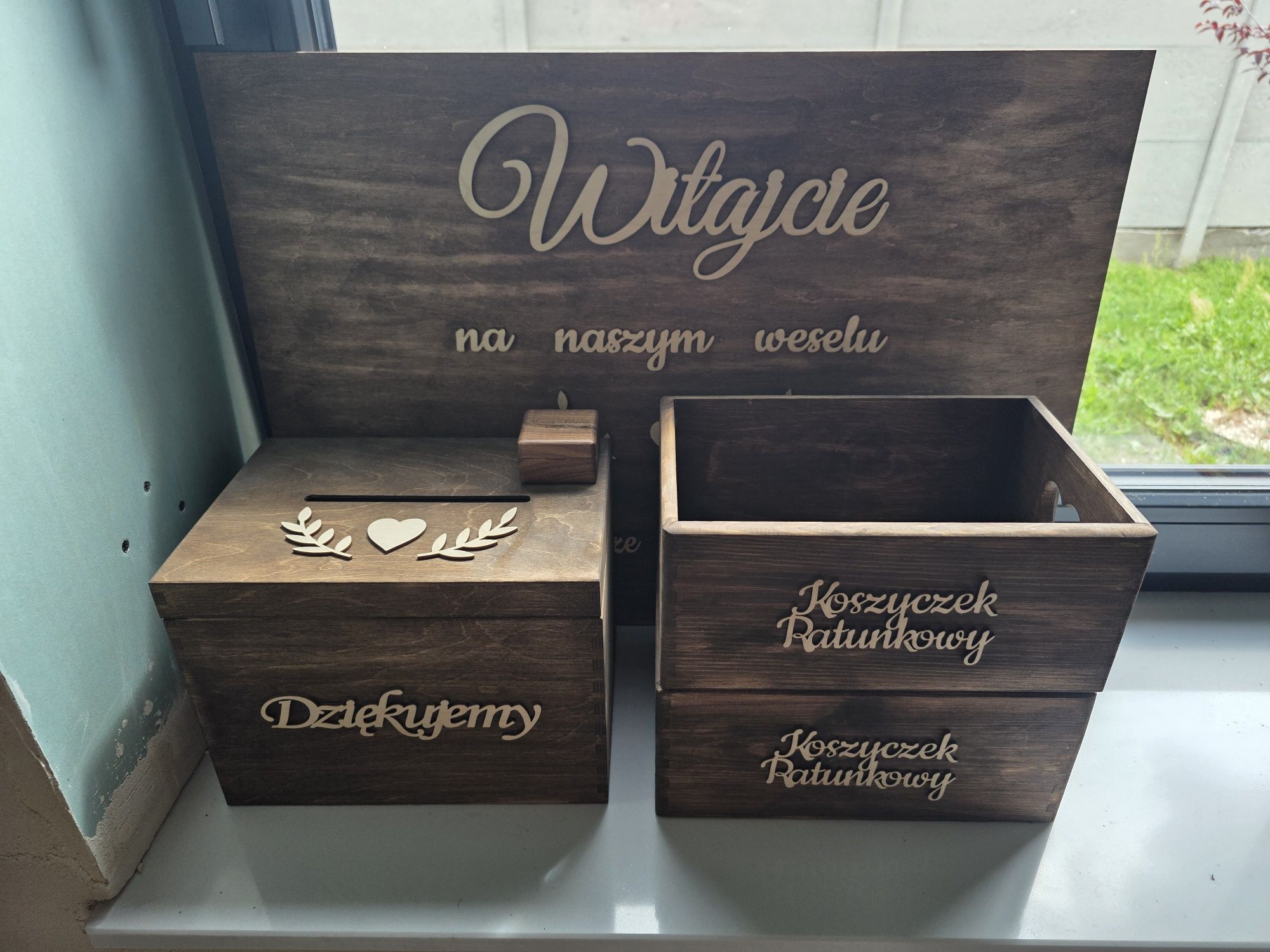 Zestaw ślubny pudełko na koperty+koszyczki ratunkowe+tablica powitalna