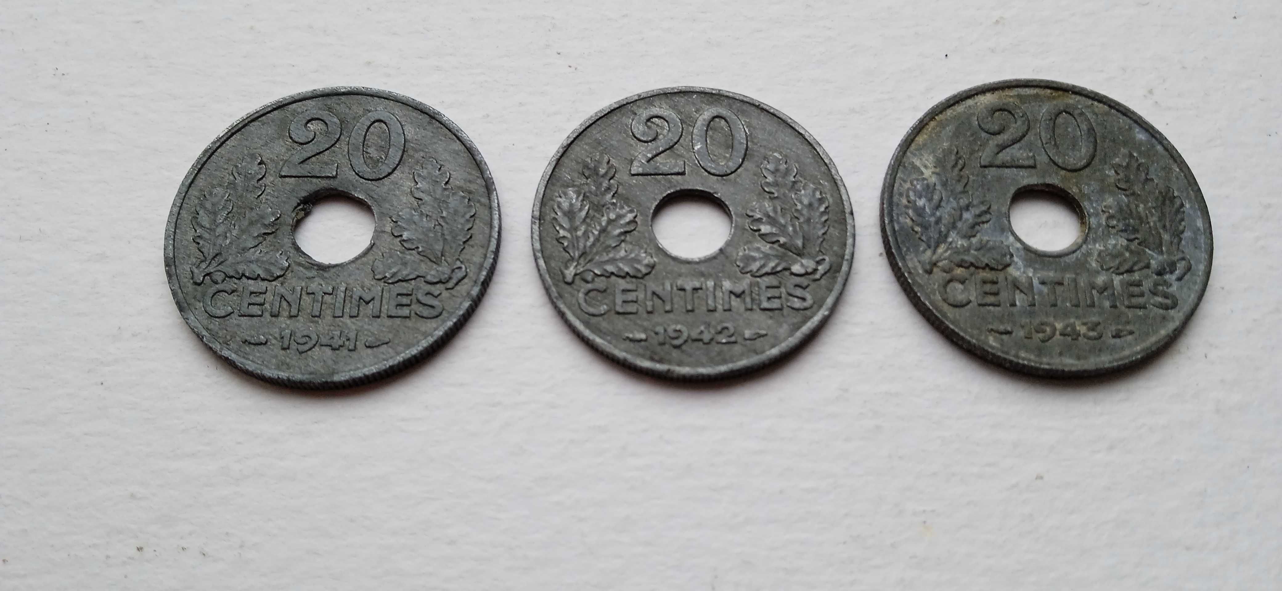 3 monety Francuskie 20 Centimes roczniki wojenne.