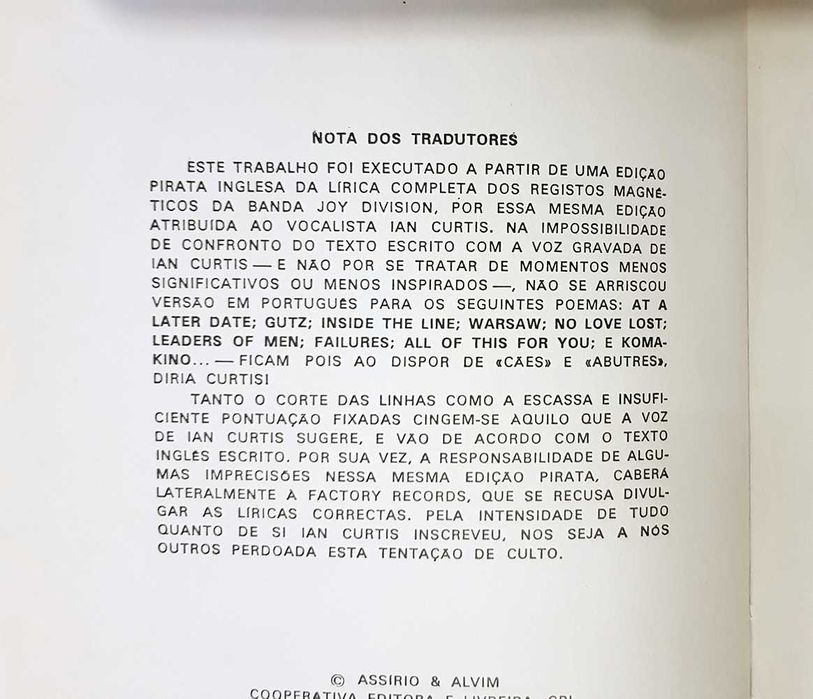 Ian Curtis / Joy Division: Prazeres Ignorados (Assírio & Alvim, 1989)