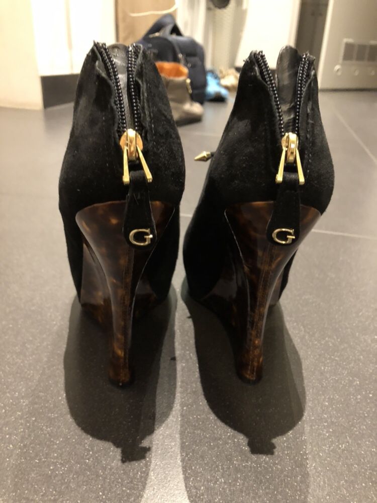 Buty guess koturny botki półbuty sexi skóra 38 brąz i czerń zamsz