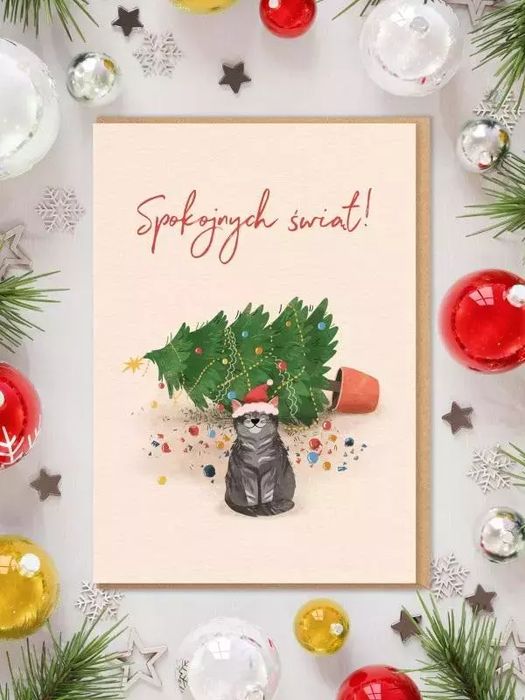 Karnet Boże Narodzenie - Kot / Spokojnych świąt!. Nadwyraz.com