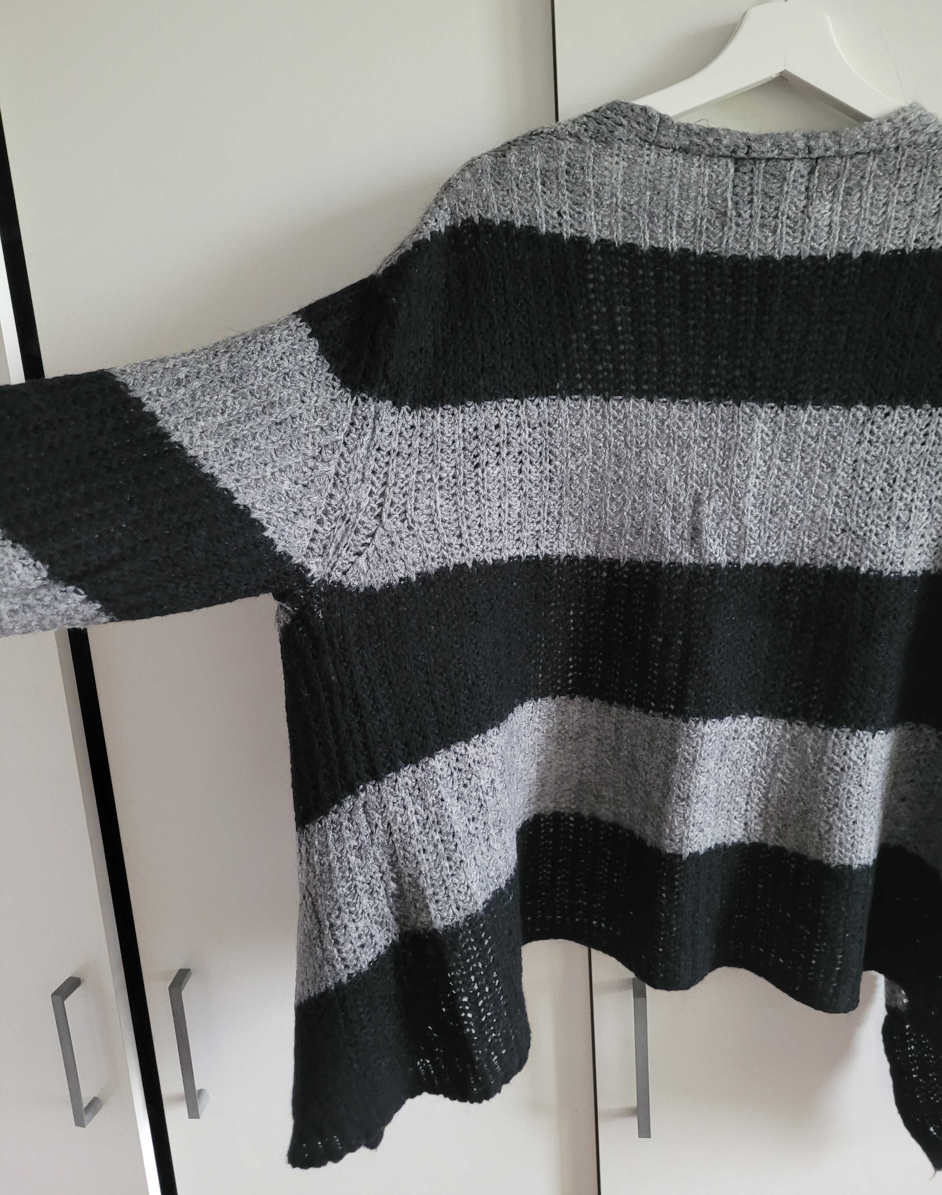 Zara Knit kardigan czarny szary paski wełna narzutka sweter S M L goth