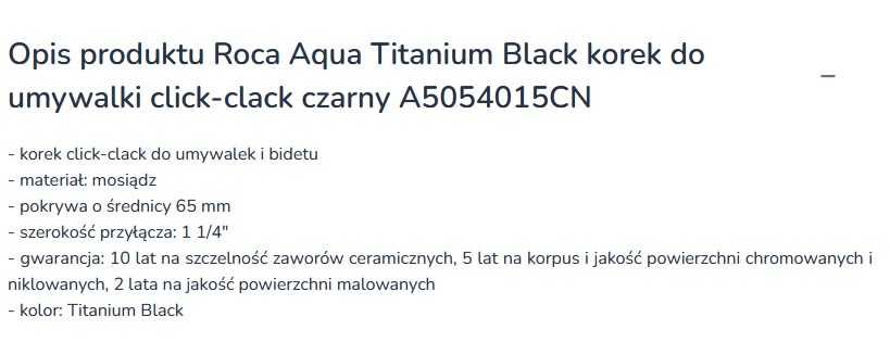 Korek klik-klak Roca Aqua uniwersalny titanium black