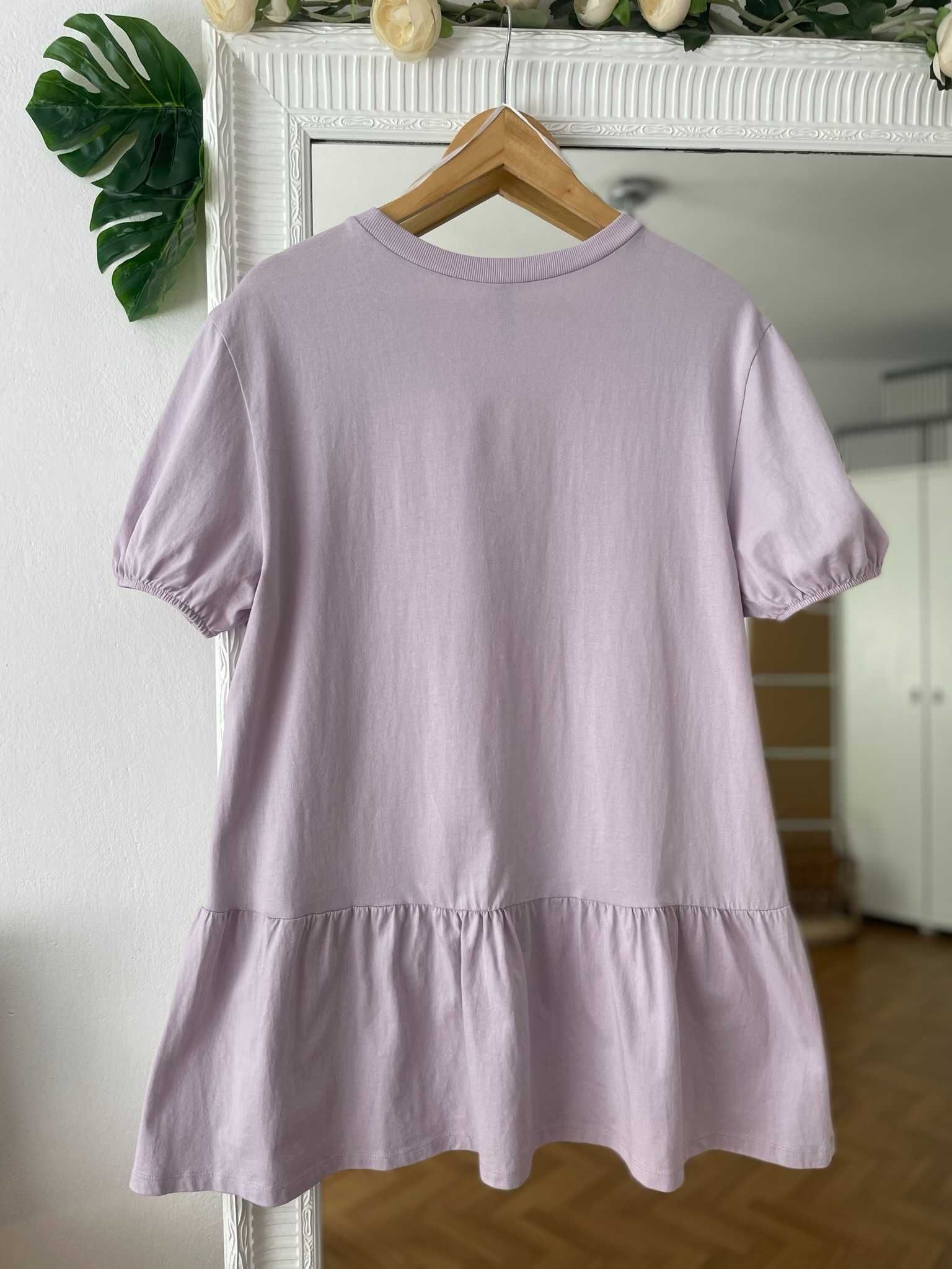 H&M sukienka wrzosowa liliowa babydoll falbana bufiaste rękawy S 36