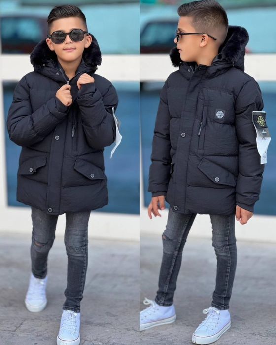 3 14лет распродажа Детская курточка STONE ISLAND чёрная зимняя с капюш