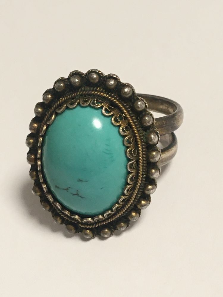 srebrny pierścionek pierścień z dużym turkusem vintage